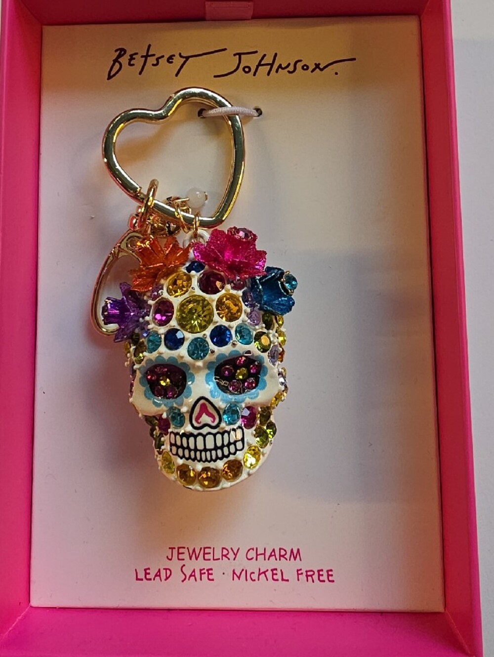 Betsey Johnson Multicolor Crystal Sugar Skull Key Ring/Bag Charm NWT - Picture 5 of 5